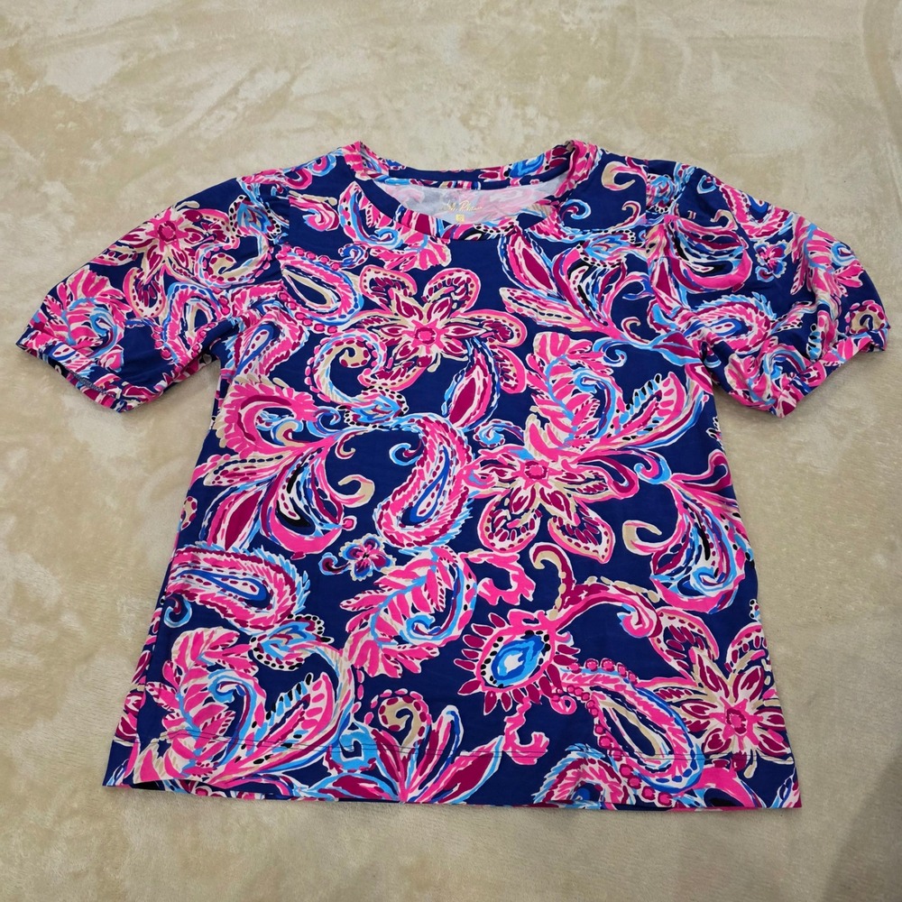 Lilly Pulitzer Rhett Knit Top Small Multi Flitting About Paisley Puff Sleeve EUC